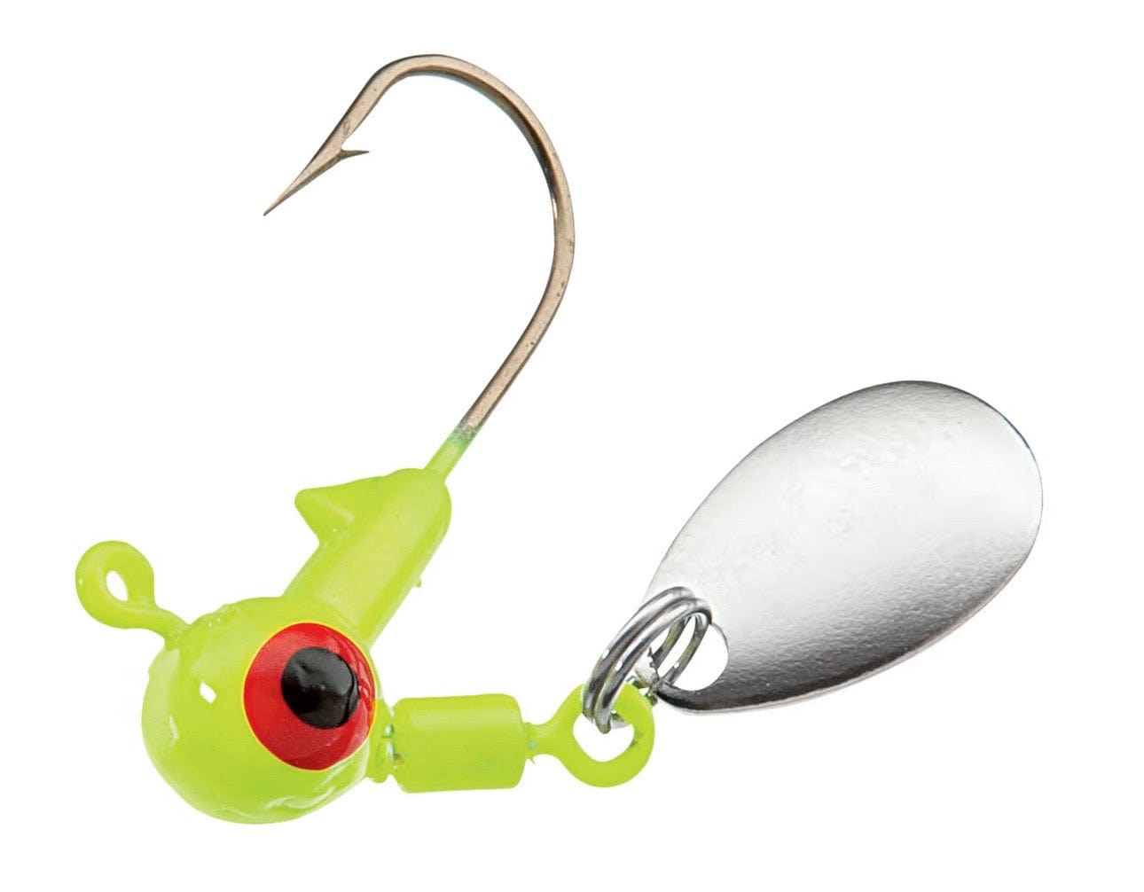 Fishing lure with a green body, red eye, and metal spoon on a white background