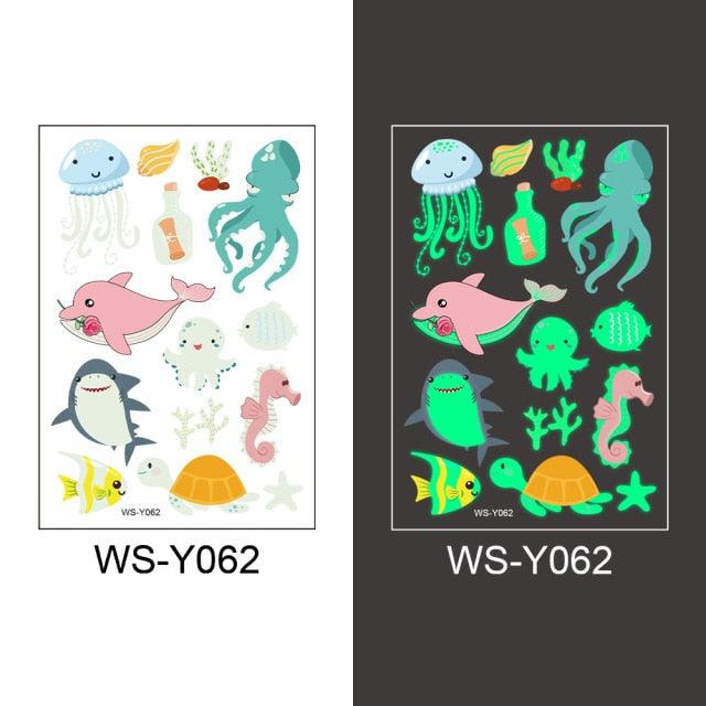 Luminous Tattoo Stickers Temporary Animal Tattoos Glow Paste on Face Arm Leg Fluorescent Waterproof Fake Tattoo For Kids Girls