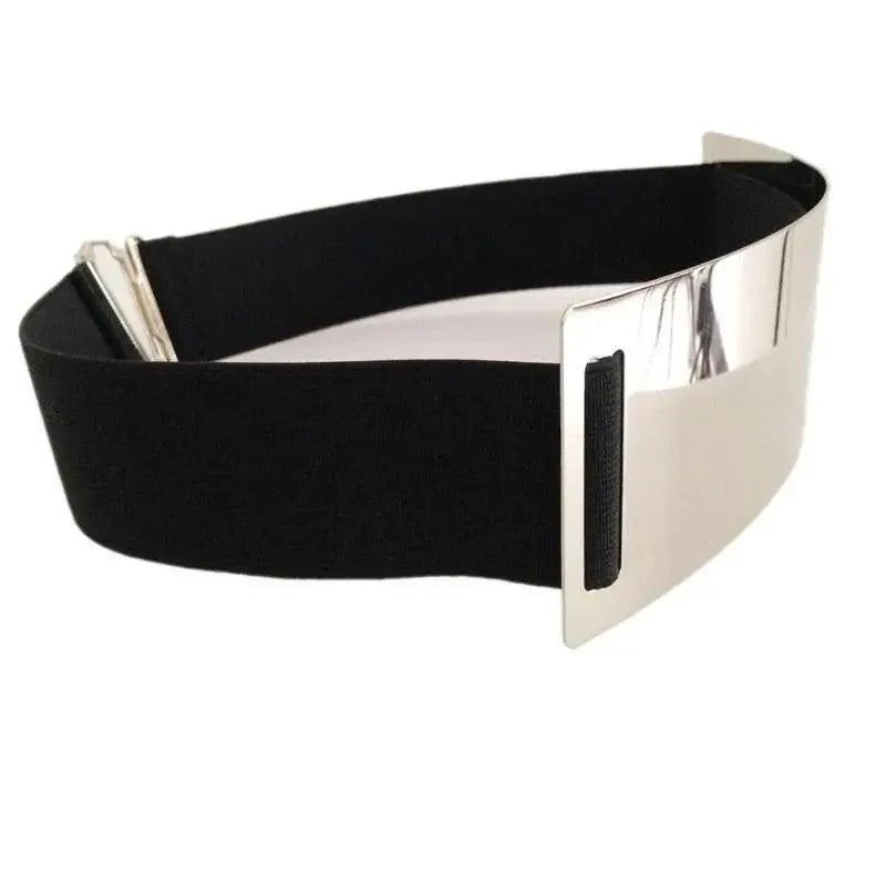 Luxurious Gold Wide Strap Elastic Belts For Women Elegant Metal Polished Plain Gold Belt Black Wide Strap Waistband for Women