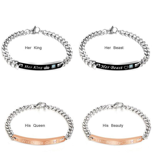 Luxury Couple Titanium Steel Alloy King Queen Bracelet Alloy Pendant Lover Letter Bracelet Attraction Distance Relationship Couples Bracelet For Men Women Bracelets Matching Link Chain Elegant Bracelets