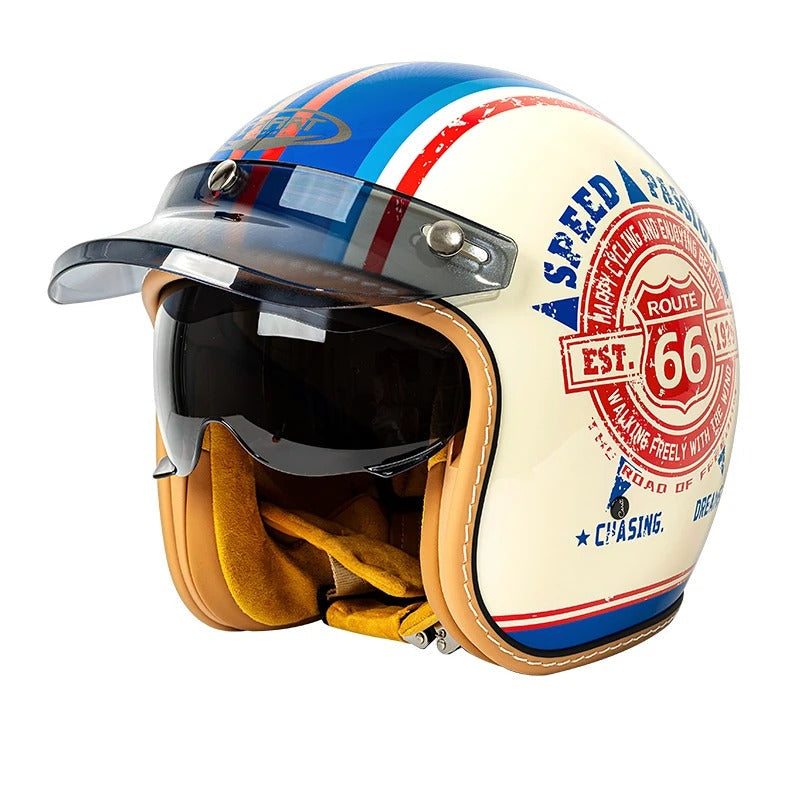Vintage-style motorcycle helmet with Route 66 design on a white background