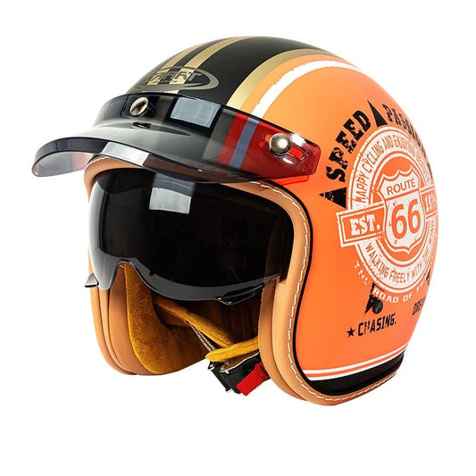 Orange and black motorcycle helmet with 'Route 66' design on a white background