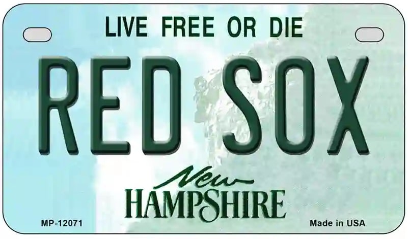 Motorcycle License plate with 'Live Free or Die Red Sox New Hampshire' text on a light blue background