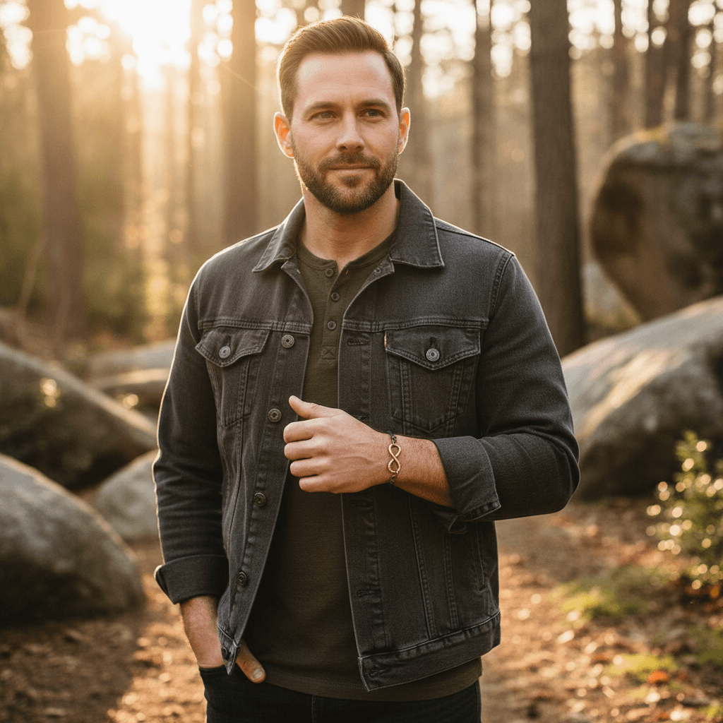 Man standing in a forest with warm sunlight filtering through the trees