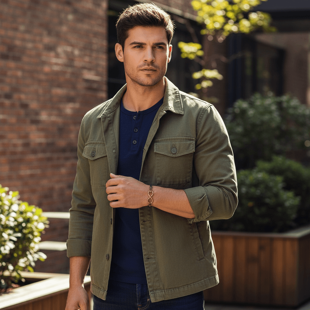Man wearing a green jacket standing outdoors with plants and a brick wall in the background