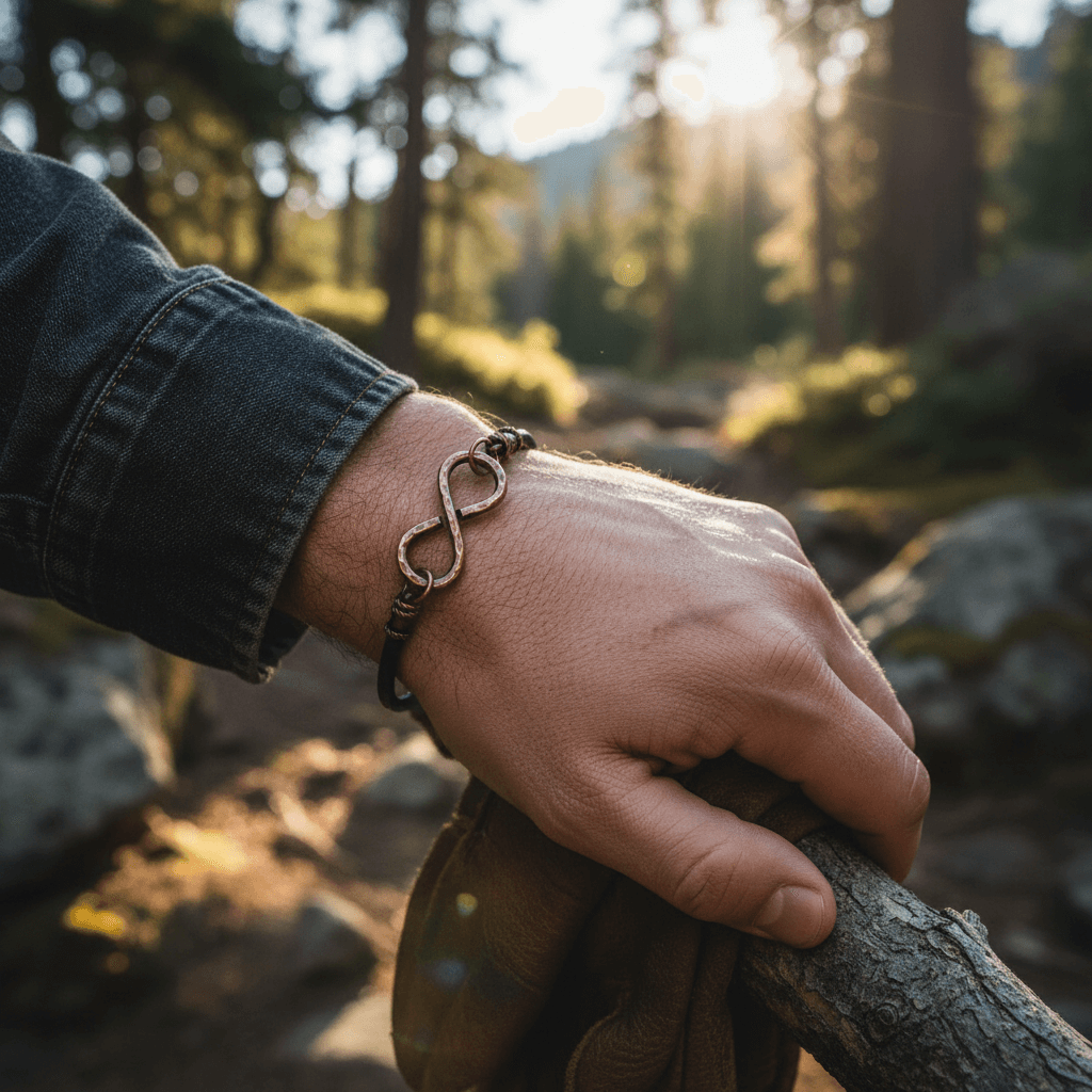 Hand holding a branch with an infinity symbol bracelet in a forest setting