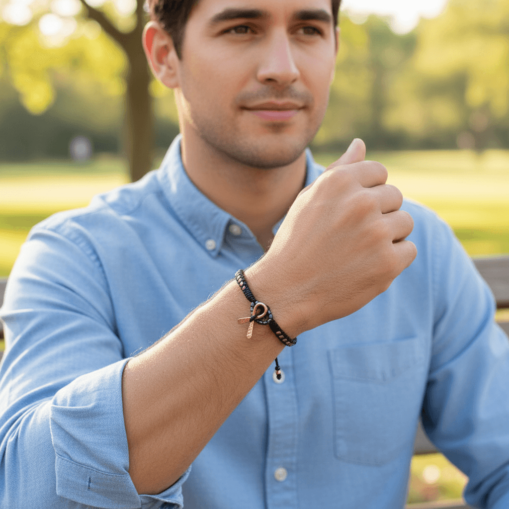 Man wearing a bracelet outdoors with a blurred natural background