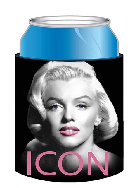 Can cooler with Marilyn Monroe design and 'ICON' text on a white background