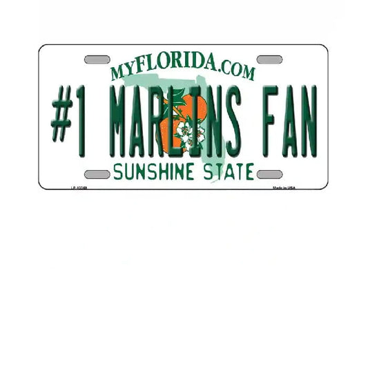 Florida License plate with '#1 Marlins Fan' text and logo on a white background
