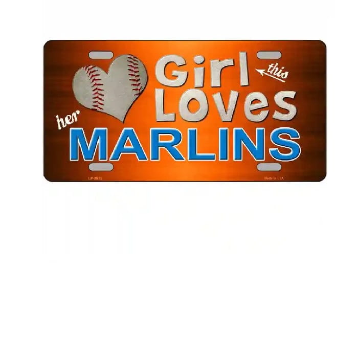 Metallic license plate with 'Girl Loves Her Marlins' text and baseball icon on an orange background