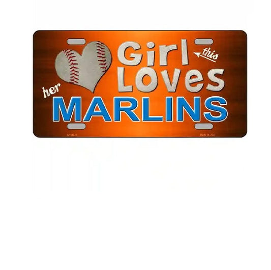 Metallic license plate with 'Girl Loves Her Marlins' text and baseball icon on an orange background