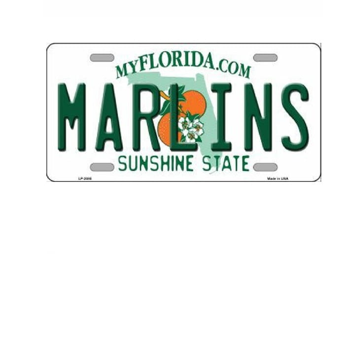 License plate with 'MARLINS' and 'MyFlorida.com' text on a white background