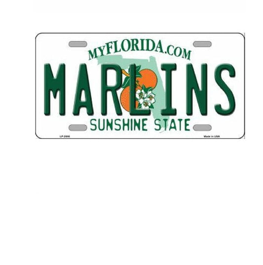 License plate with 'MARLINS' and 'MyFlorida.com' text on a white background