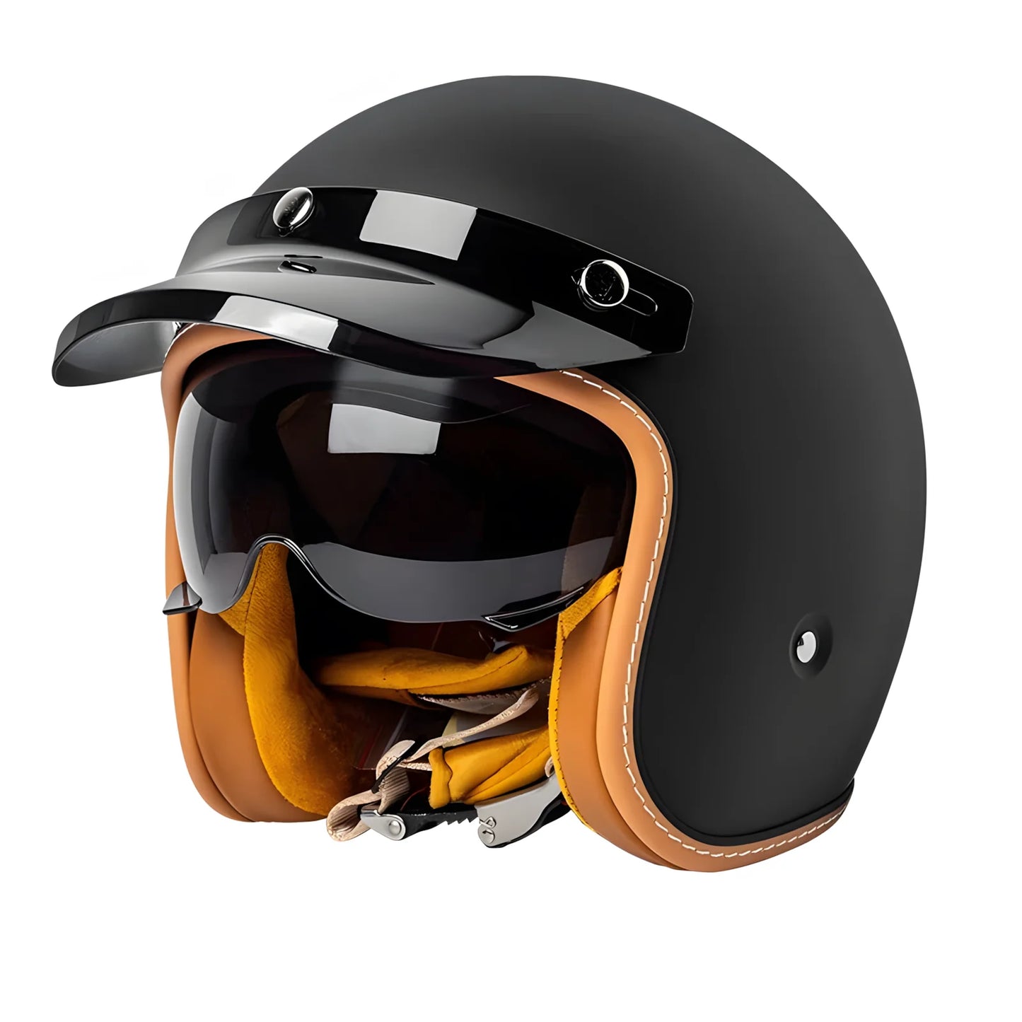 Black motorcycle helmet with brown leather accents on a white background