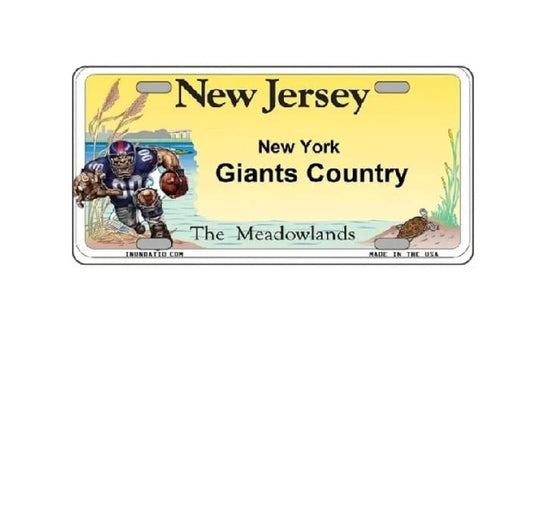 License plate with New Jersey and New York Giants Country text, featuring a football player and scenic design.