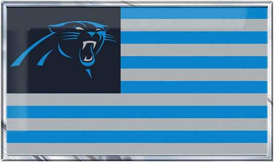 Carolina Panthers logo on a blue and gray striped background