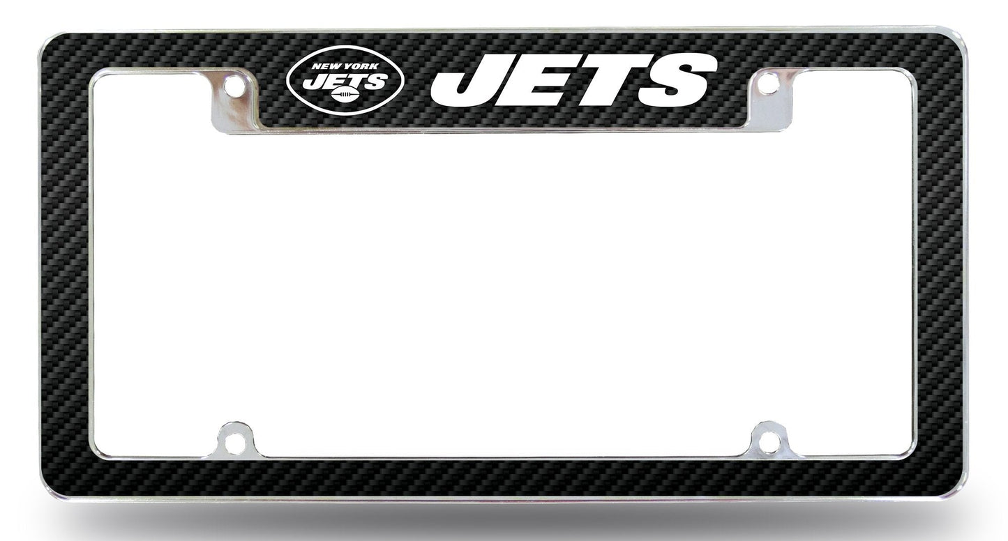 Black carbon fiber patterned license plate frame with 'JETS' text and logo on a white background