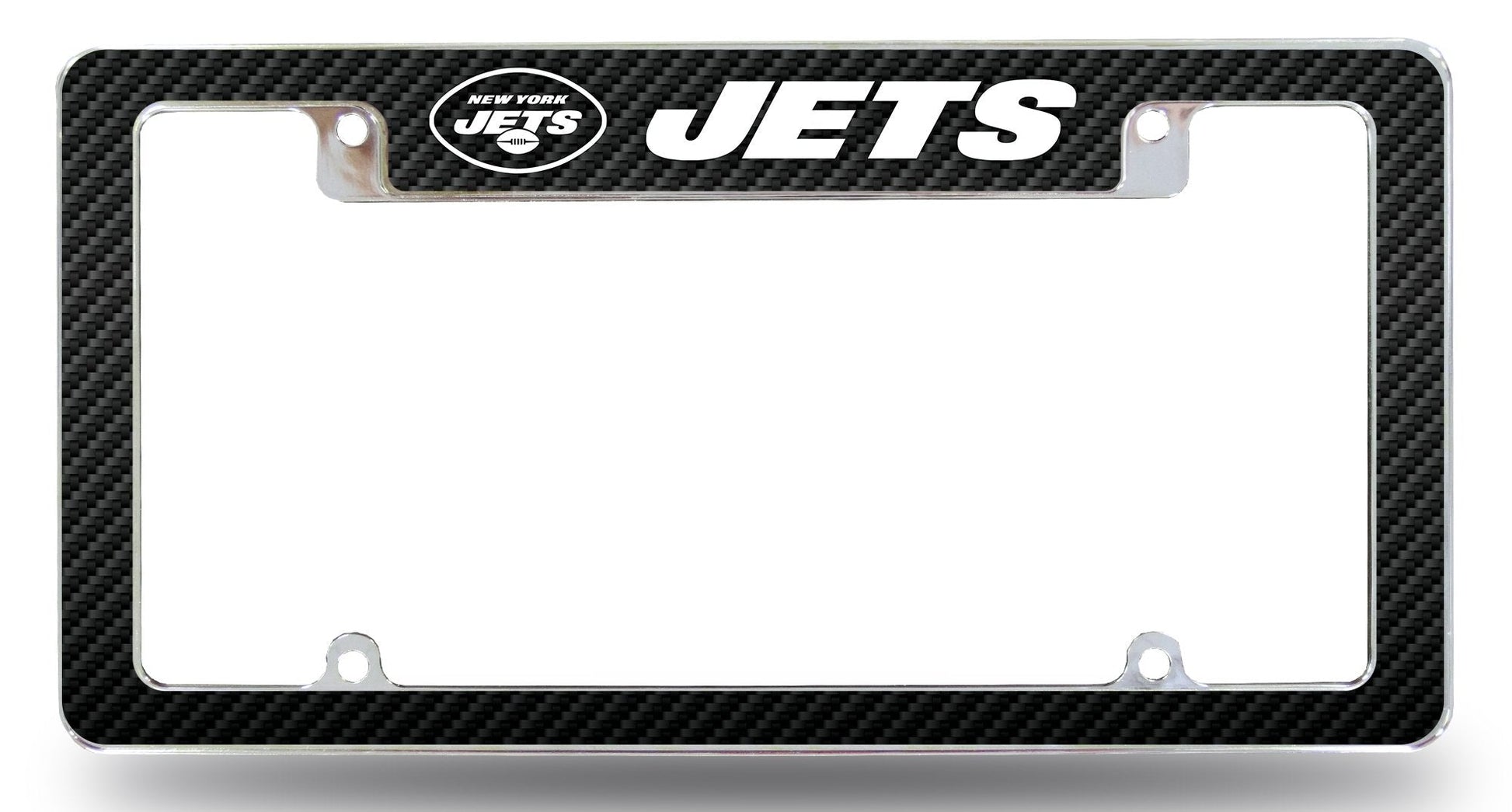 Black carbon fiber patterned license plate frame with 'JETS' text and logo on a white background