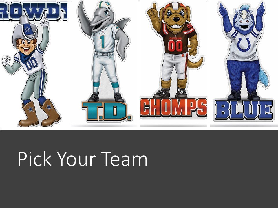 Four sports team mascots with team names and logos on a gray background.