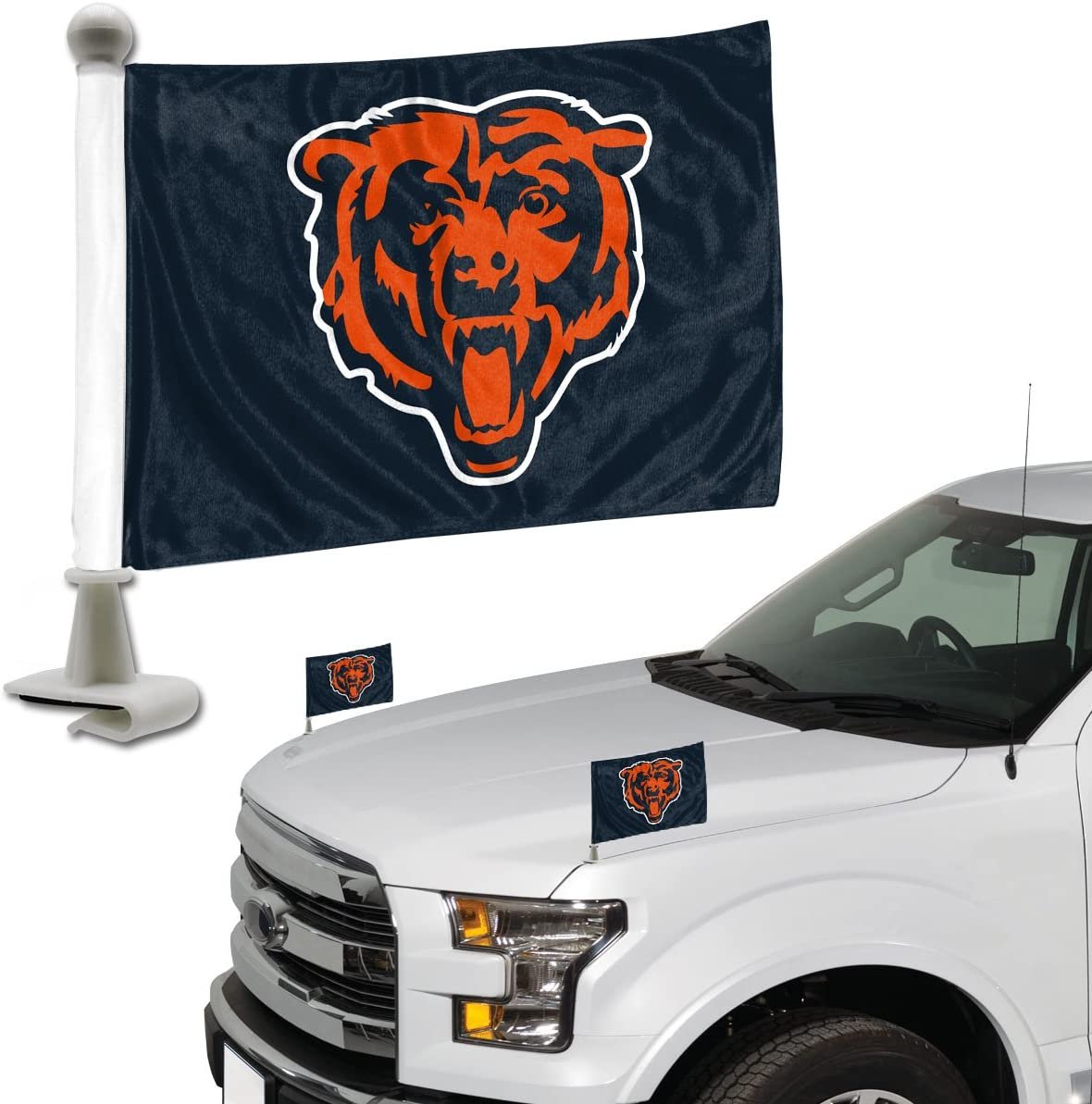 White truck with Chicago Bears logo flags on the roof and front
