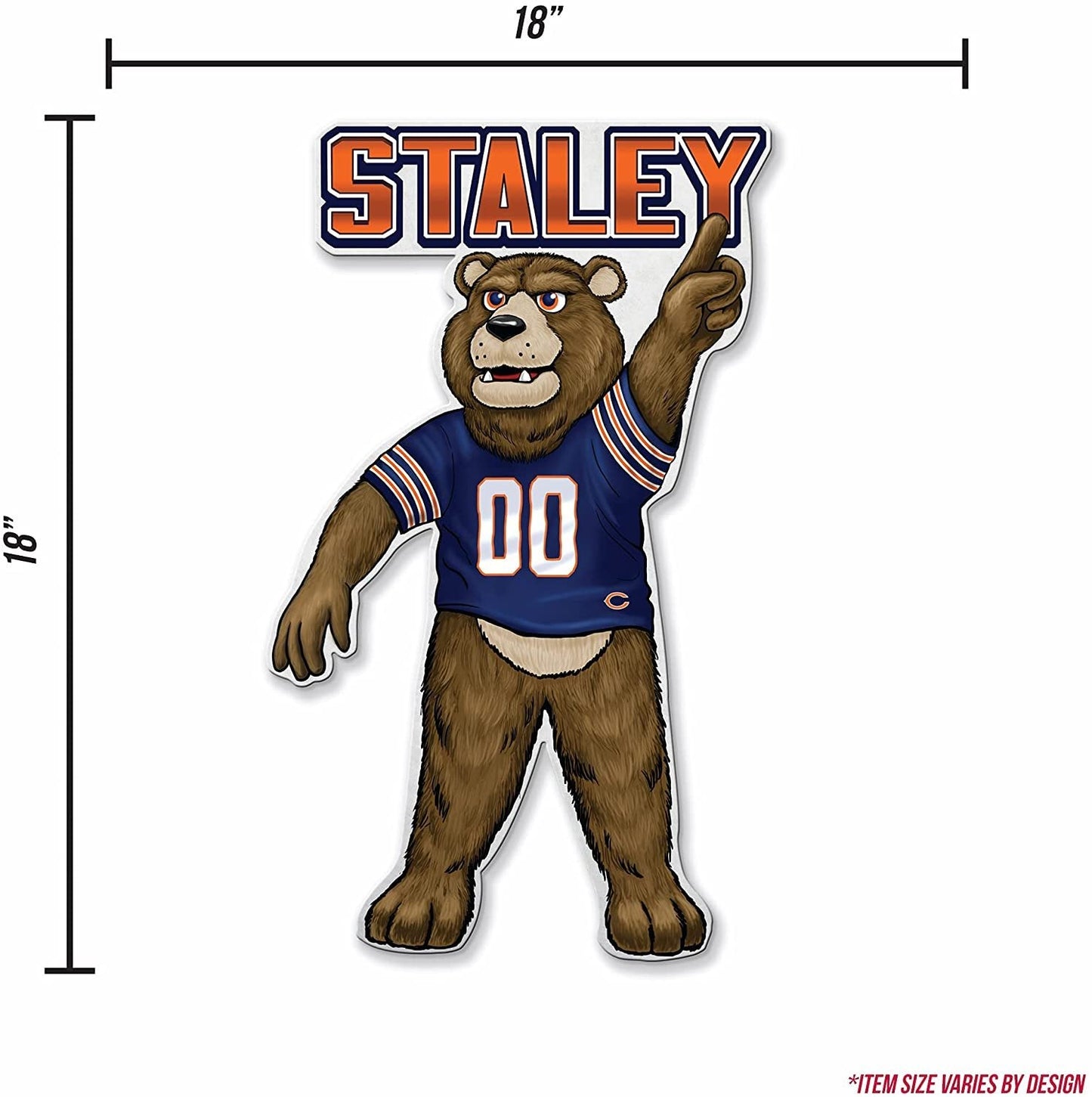 Chicago bears mascot in a blue jersey with 'STALEY' above, dimensions shown.