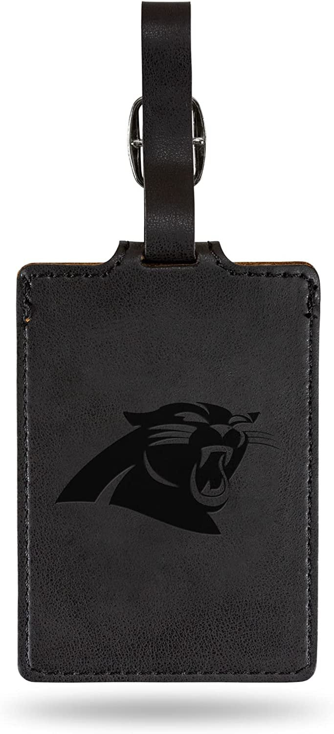 Black leather luggage tag with Carolina Panthers logo on a white background