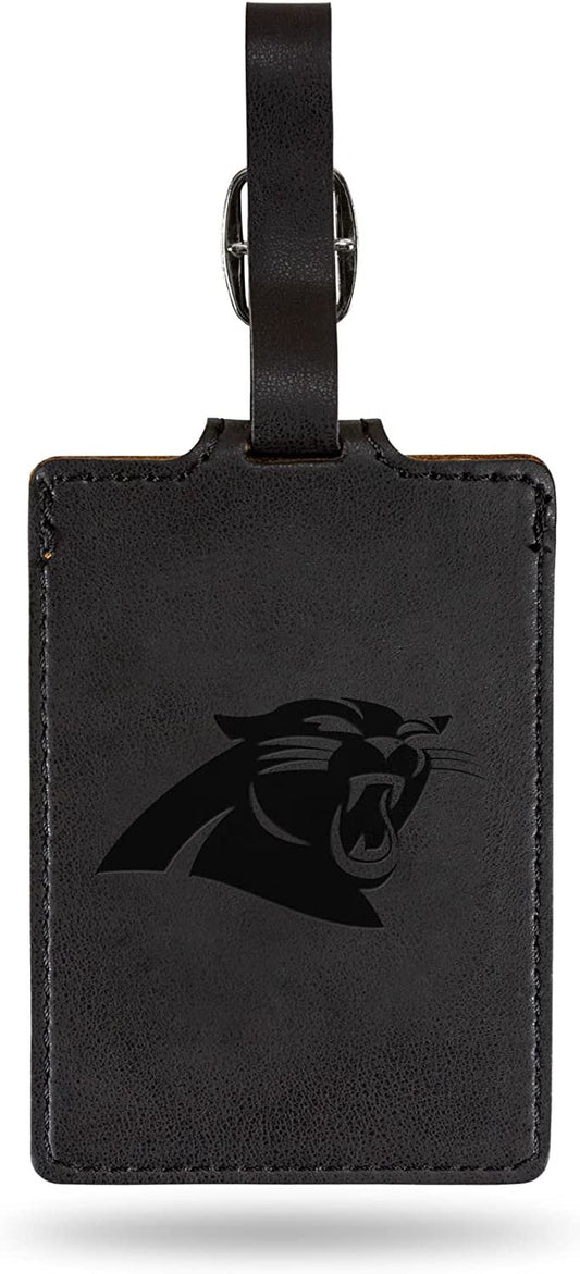 Black leather luggage tag with Carolina Panthers logo on a white background