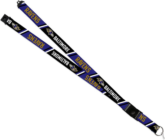 Baltimore Ravens lanyard with multiple repetitions of the team name and logo on a white background