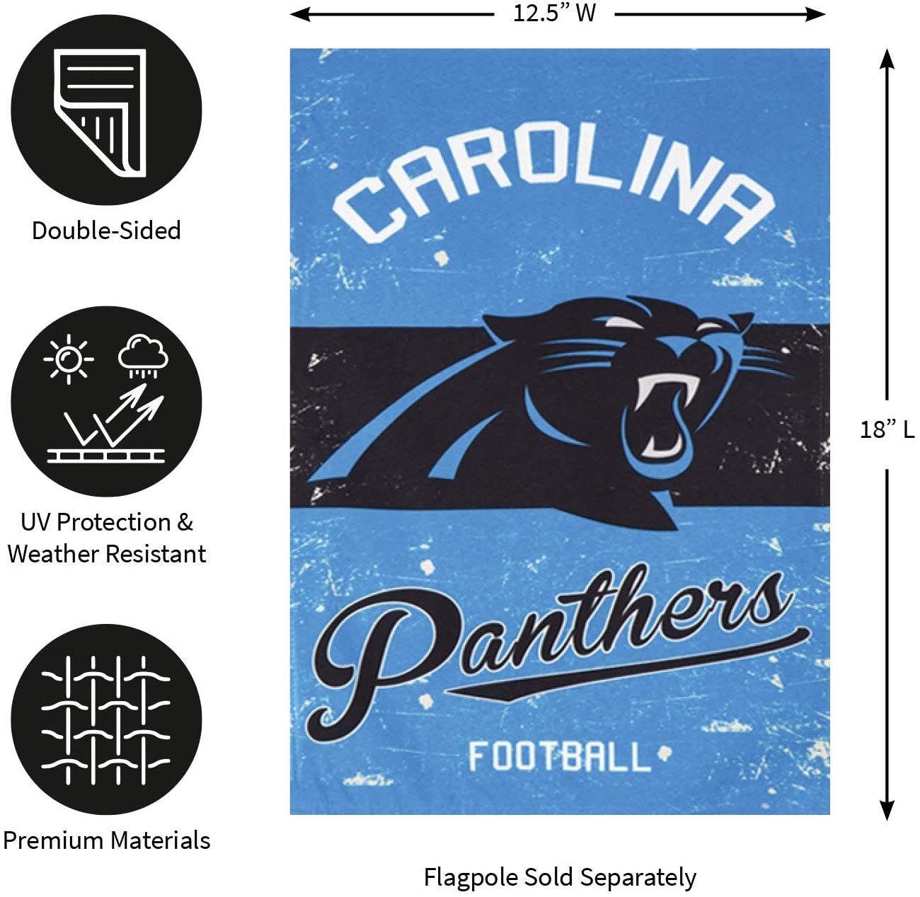 Carolina Panthers flag with dimensions, material features, and UV protection details.