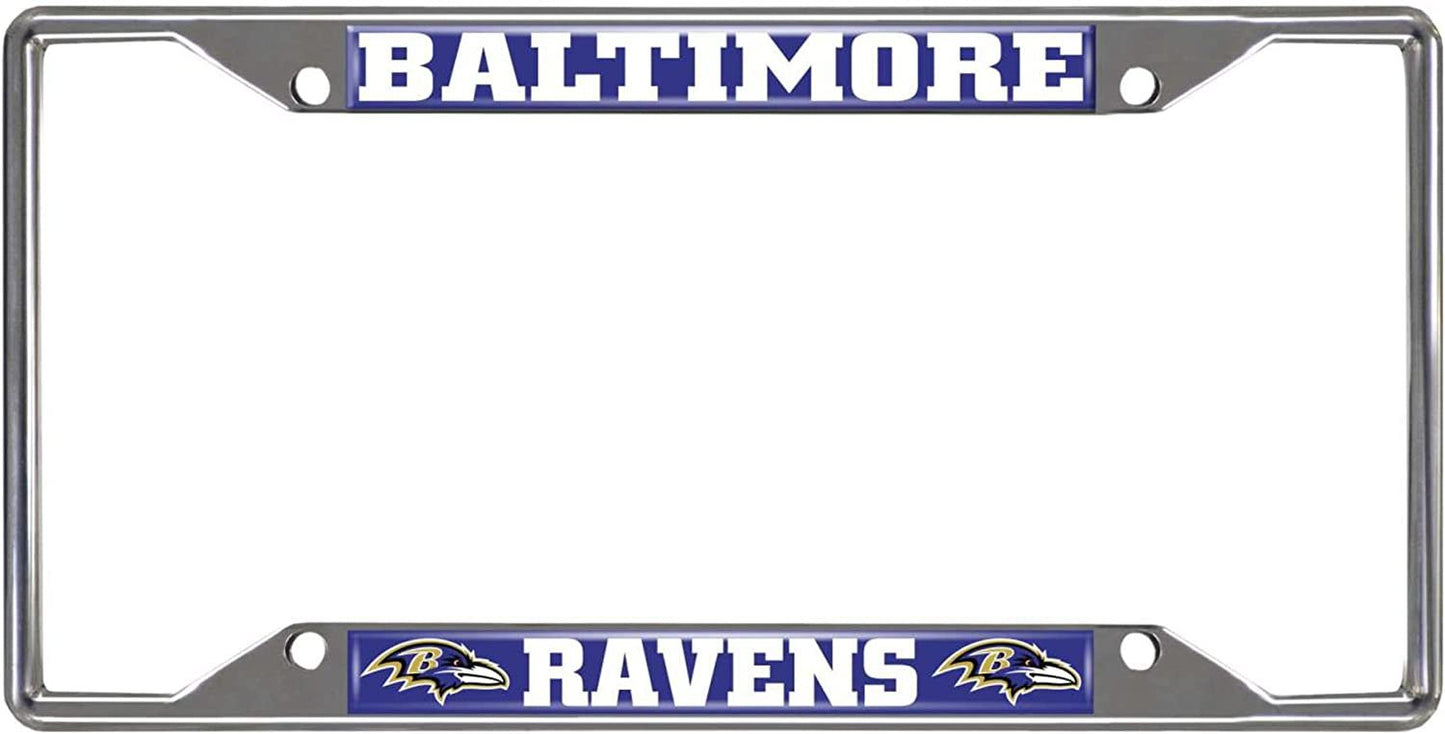 Metallic license plate frame with 'Baltimore Ravens' branding on a white background