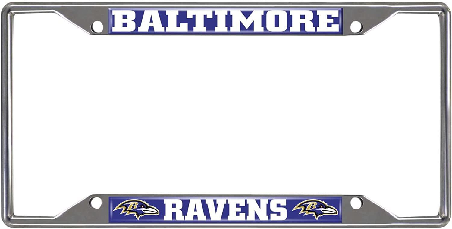 Metallic license plate frame with 'Baltimore Ravens' branding on a white background