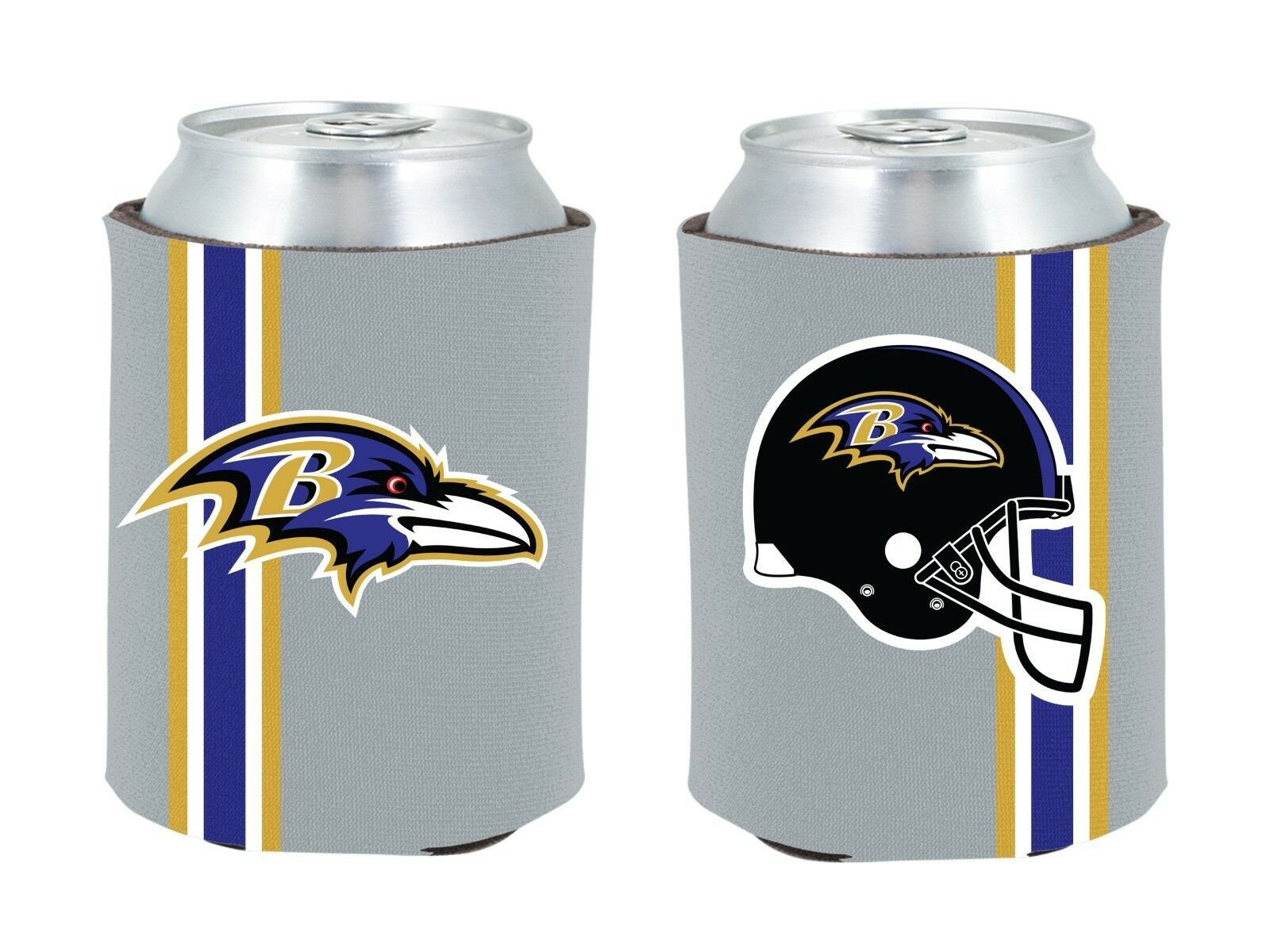 Two can coolers with Baltimore Ravens logo and helmet design on a white background