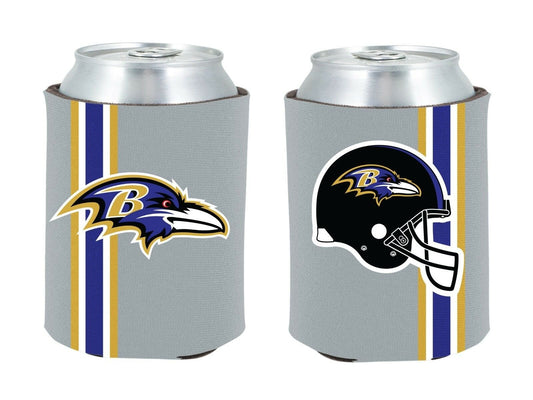 Two can coolers with Baltimore Ravens logo and helmet design on a white background
