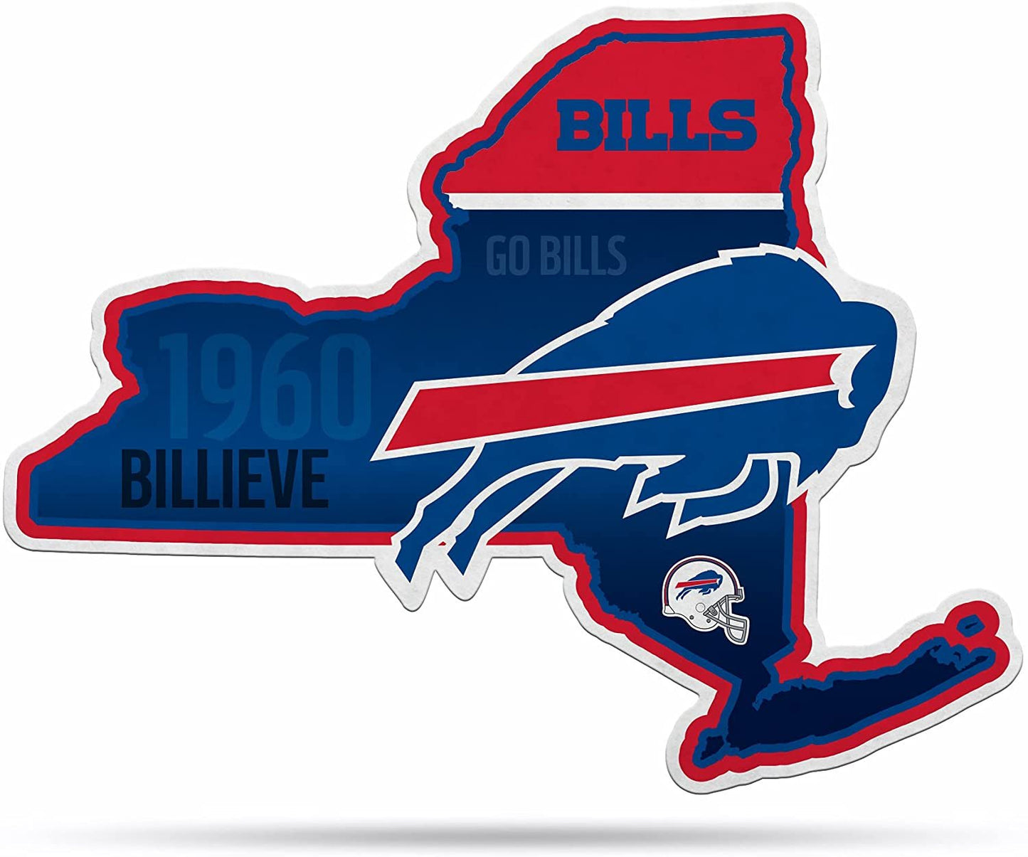 Map of New York state with Buffalo Bills logo and text on a white background