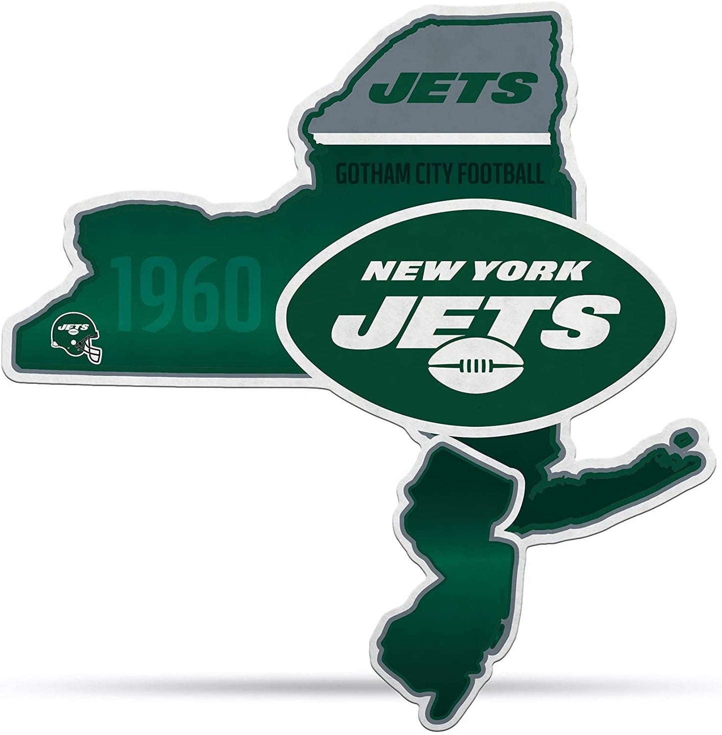 New York Jets logo on a green outline of New York state with 'Gotham City Football' text.
