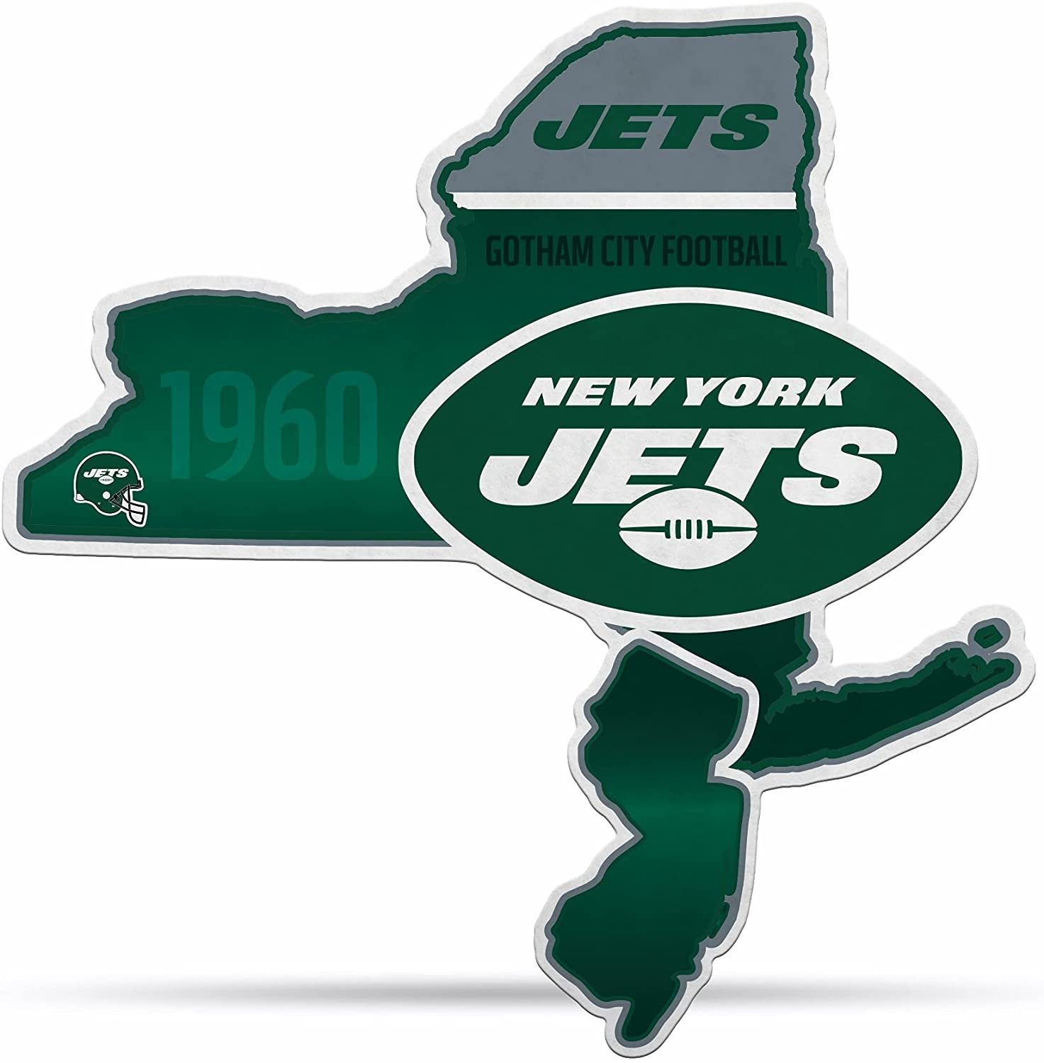 New York Jets logo on a green outline of New York state with 'Gotham City Football' text.