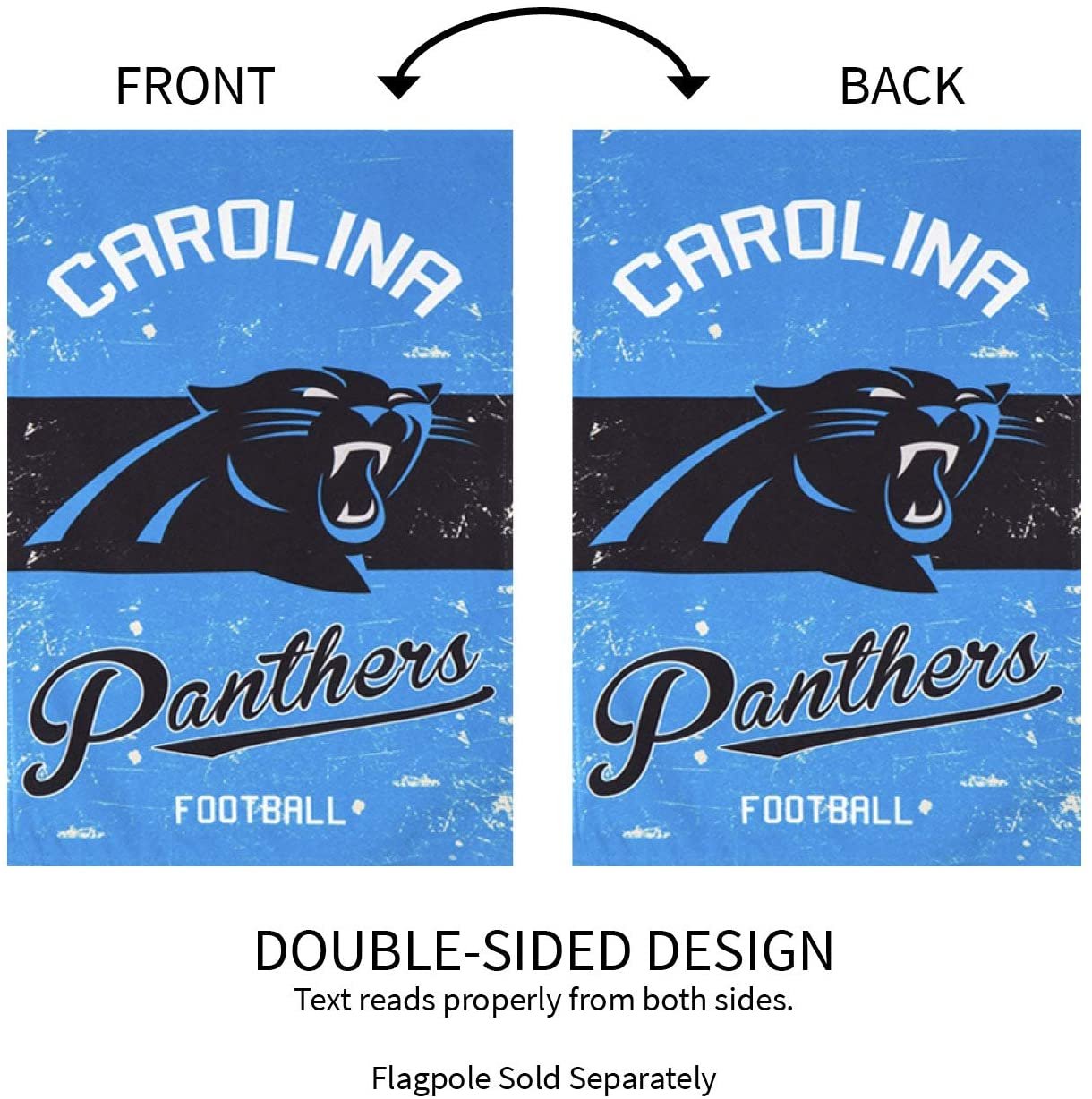 Double-sided design of Carolina Panthers flag with blue and black colors.