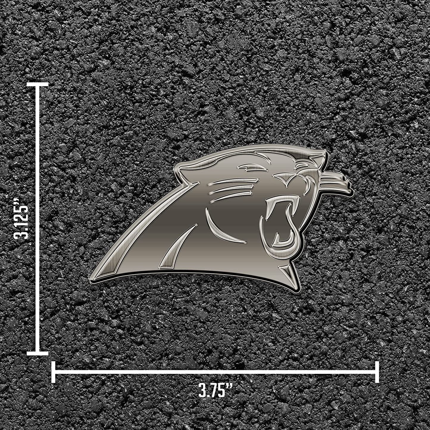 Metallic panther logo on a textured black background with measurements indicated.