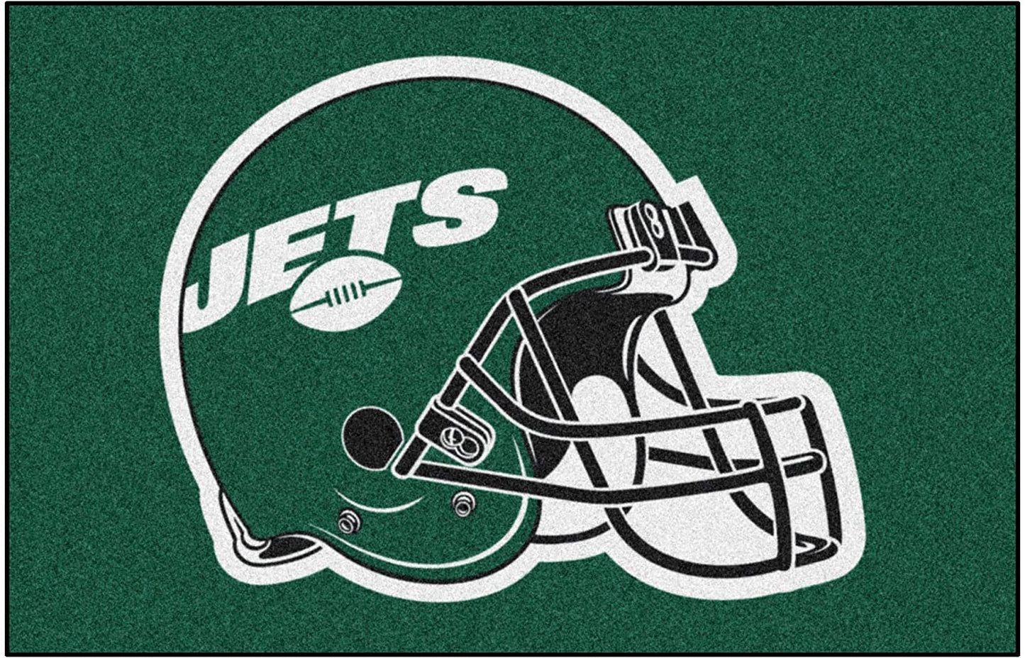 Green rug with a football helmet and 'JETS' text on a green background