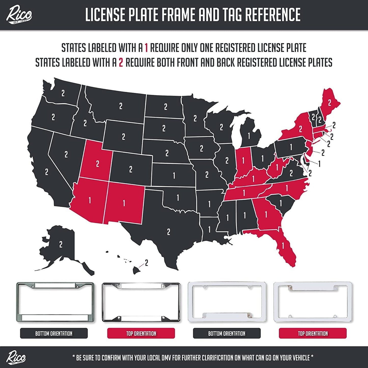 Map of the United States showing license plate requirements with Rico License Plate Frame and Tag Reference branding.
