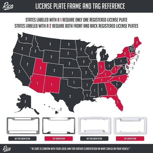 Map of the United States showing license plate requirements with Rico License Plate Frame and Tag Reference branding.
