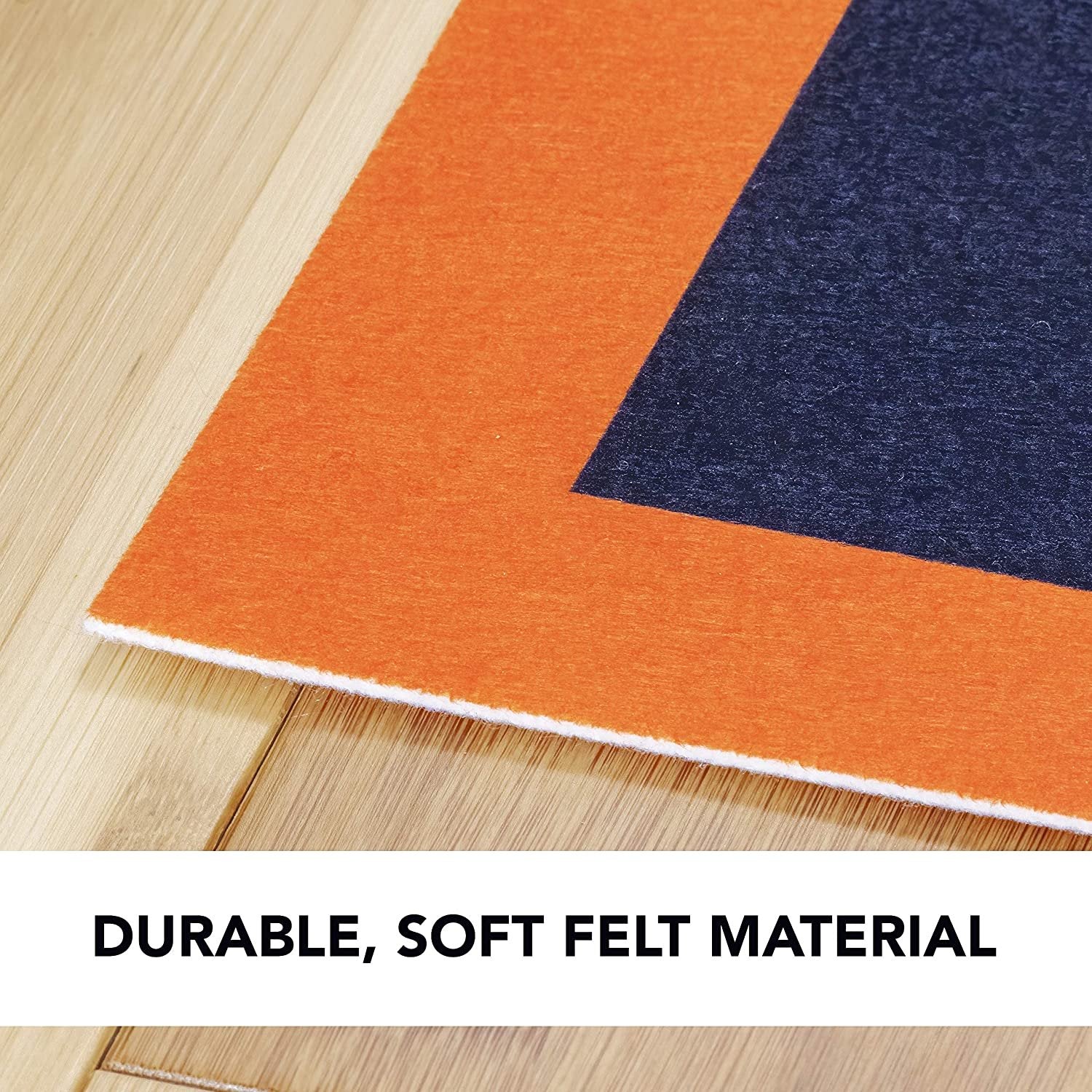 Orange and blue felt material on a wooden surface with text 'Durable, Soft Felt Material'.