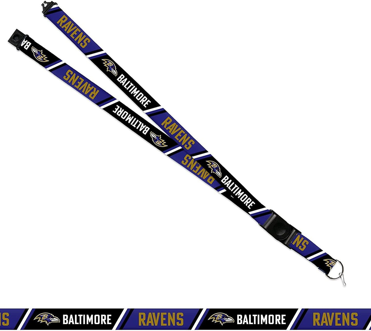 Baltimore Ravens lanyard with multiple repetitions of the team logo on a white background