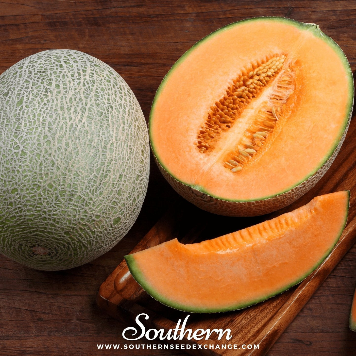 Whole and sliced cantaloupe on a wooden surface with 'Southern' branding.