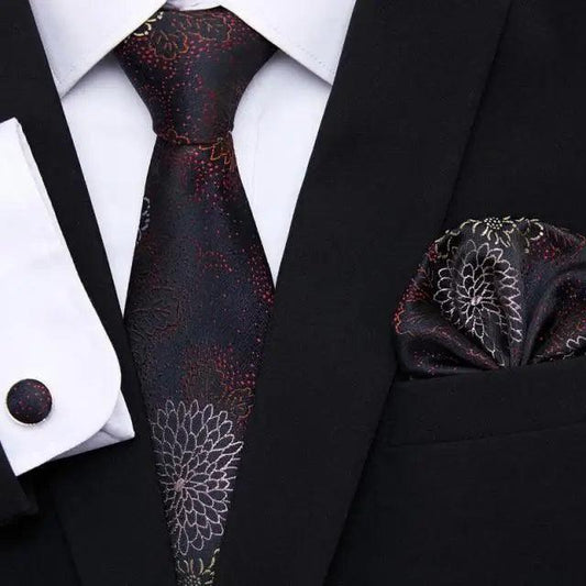 Men Elegant Red Silk Tie Classic Necktie Cufflinks Set Business Necktie With Handkerchief Perfect Match With Wedding Suit