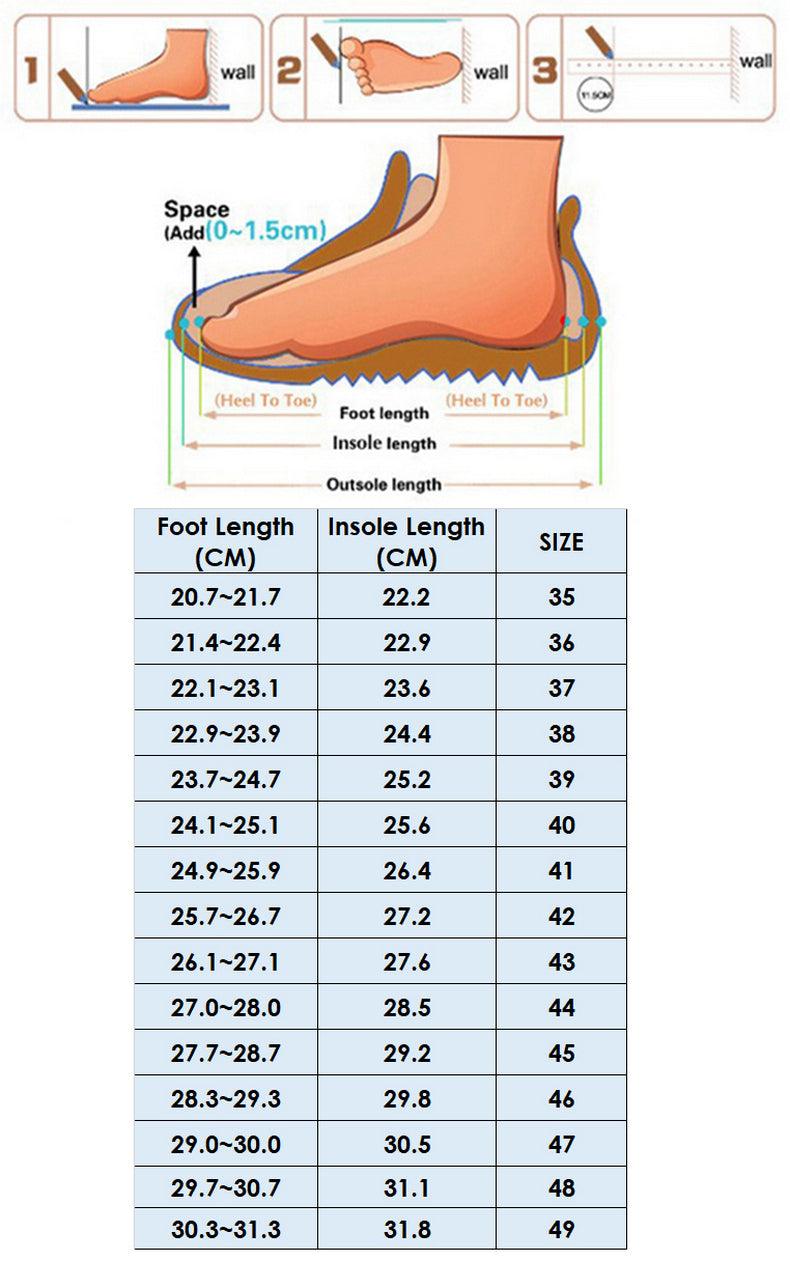 Foot measurement chart with foot and insole illustrations and a table for converting foot length to insole length.