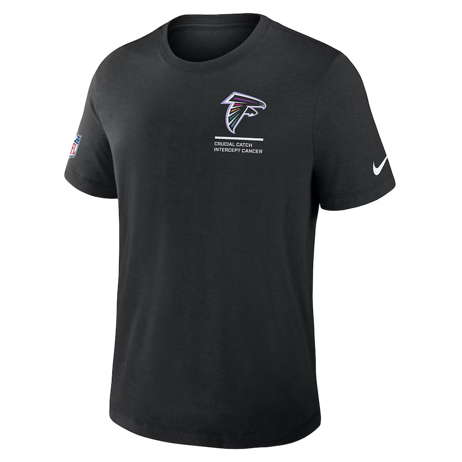 Black t-shirt with Falcons sports team logo and text on a black background