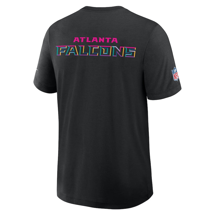 Black t-shirt with 'Atlanta Falcons' text on the back, on a white background