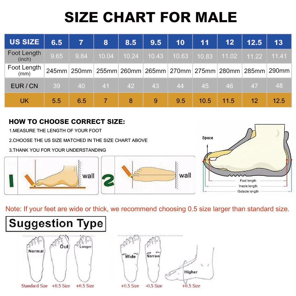 Size chart for male shoes with measurements and illustrations