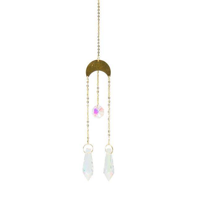Metallic Hoop Moon Sun Catcher Hanging Crystal Pendant Chandelier Lamps Light Crystals Glass Pendants Light Rainbow Maker Wind Chime Hanging Drop Gift of Good Luck Garden Decor Hanging Ornament For Home Decoration